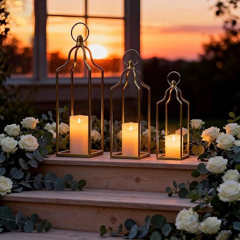 Rustic Farmhouse Decor Metal Lantern Set of 3 Decorative Lanterns for Home Indoor Outdoor Living Room, Fireplace, Patio, Wedding & Kitchen Table Centerpieces (Gold, 16.9"+14.5"+12.2") in Saudi Arabia