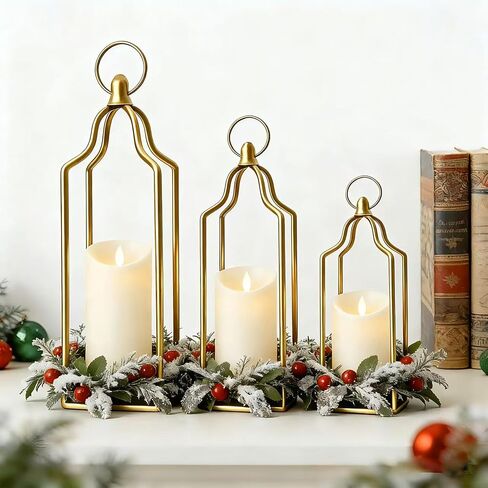 Rustic Farmhouse Decor Metal Lantern Set of 3 Decorative Lanterns for Home Indoor Outdoor Living Room, Fireplace, Patio, Wedding & Kitchen Table Centerpieces (Gold, 16.9"+14.5"+12.2") in Saudi Arabia
