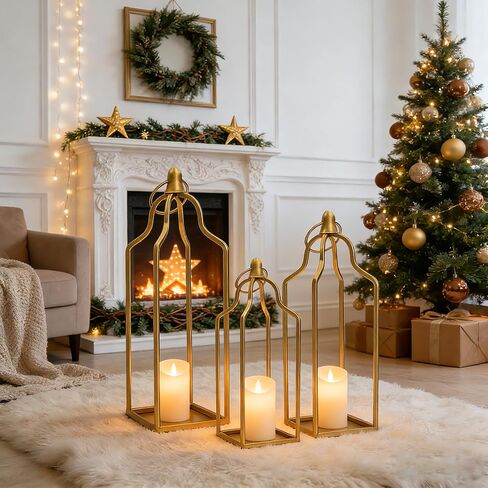 Rustic Farmhouse Decor Metal Lantern Set of 3 Decorative Lanterns for Home Indoor Outdoor Living Room, Fireplace, Patio, Wedding & Kitchen Table Centerpieces (Gold, 16.9"+14.5"+12.2") in Saudi Arabia