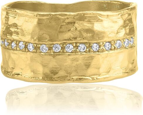 Jean Rachel Jewelry 14K Gold Plated Sterling Silver Ring with 0.13 TCW Cubic Zirconia - Vintage Design Half Eternity Band Hammered Statement Rings for Women - Hypoallergenic,Lead & Nickel Free Jewelry in Kuwait