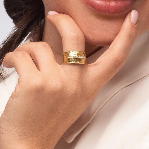Jean Rachel Jewelry 14K Gold Plated Sterling Silver Ring with 0.13 TCW Cubic Zirconia - Vintage Design Half Eternity Band Hammered Statement Rings for Women - Hypoallergenic,Lead & Nickel Free Jewelry in Kuwait