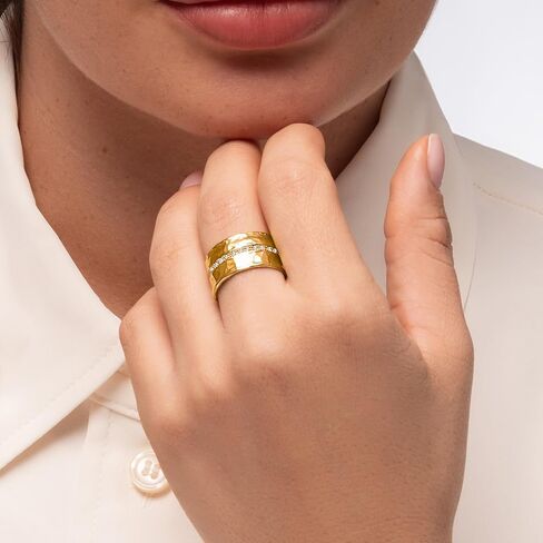 Jean Rachel Jewelry 14K Gold Plated Sterling Silver Ring with 0.13 TCW Cubic Zirconia - Vintage Design Half Eternity Band Hammered Statement Rings for Women - Hypoallergenic,Lead & Nickel Free Jewelry in Kuwait