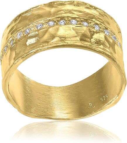 Jean Rachel Jewelry 14K Gold Plated Sterling Silver Ring with 0.13 TCW Cubic Zirconia - Vintage Design Half Eternity Band Hammered Statement Rings for Women - Hypoallergenic,Lead & Nickel Free Jewelry in Kuwait