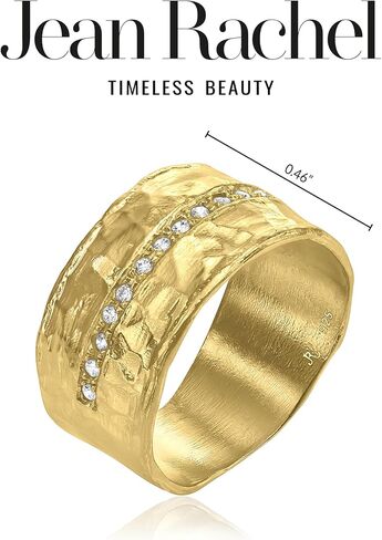Jean Rachel Jewelry 14K Gold Plated Sterling Silver Ring with 0.13 TCW Cubic Zirconia - Vintage Design Half Eternity Band Hammered Statement Rings for Women - Hypoallergenic,Lead & Nickel Free Jewelry in Kuwait
