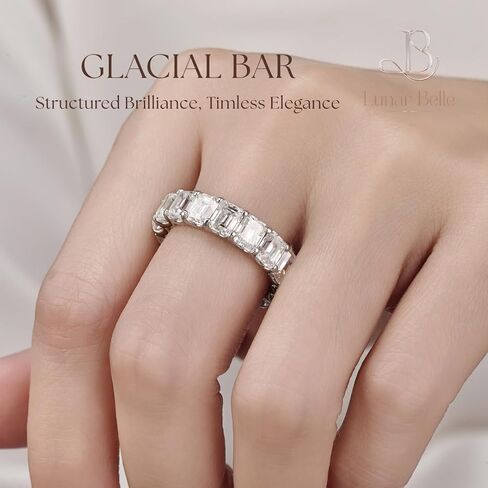 Lunar Belle Emerald Cut Moissanite Eternity Ring, 925 Sterling Silver Linear Band, 4x5mm (each stone weight 0.45ct) Structured Anniversary Jewelry for Women – Glacial Bar in Saudi Arabia