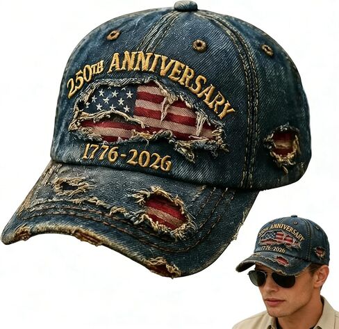 USA 250th Anniversary Distressed Casual Cap, 1776-2026 Anniversary USA hat, Traditional American Tribute Hat Gift Honoring Patriots & Veterans(Blue) in Kuwait