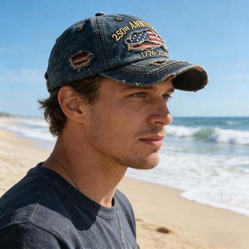 USA 250th Anniversary Distressed Casual Cap, 1776-2026 Anniversary USA hat, Traditional American Tribute Hat Gift Honoring Patriots & Veterans(Blue) in Kuwait