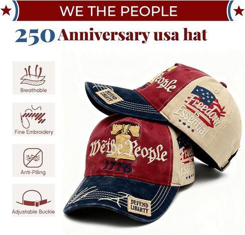 250th Anniversary USA Hat, 1776 Vintage Embroidered Baseball Hat for Men&Women, Adjustable Cotton Baseball Hat for Everyday Wear/Independence Day/Patriotic Events/Veteran Day in Kuwait