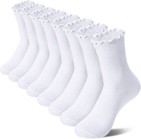 Justay 8 Pairs Girls White Ruffle Socks School Dress Kids Cotton Cute Crew Frilly Socks for Girls 3-12 Years in Kuwait