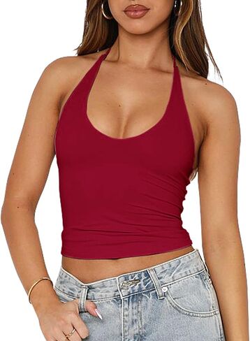 LCNBA Women's Sexy Halter Scoop Neck Crop Tank Tops Tie Back Sleeveless Summer Cami Tops in Saudi Arabia