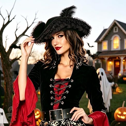 Pirate Hat for Woman,Pirate Costume Accessories Women,Halloween Tricorn Colonial Hat with Feather Lace in Kuwait