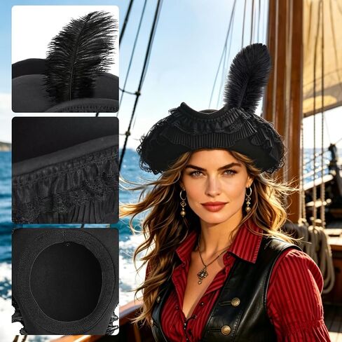 Pirate Hat for Woman,Pirate Costume Accessories Women,Halloween Tricorn Colonial Hat with Feather Lace in Kuwait