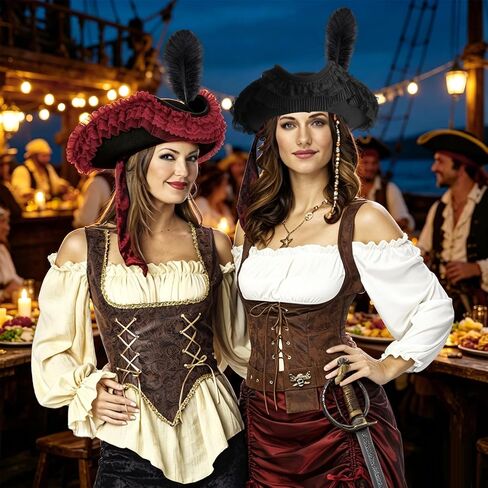 Pirate Hat for Woman,Pirate Costume Accessories Women,Halloween Tricorn Colonial Hat with Feather Lace in Kuwait