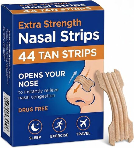 Extra Strength Nasal Strips for Snoring Relief, Tan Nose Strips to Improve Breathing & Nasal Congestion Relief from Cold & Allergies, Drug-Free Sleep Aid for Deviated Septum, 44 Count in Kuwait