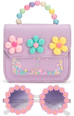 Girls Purse - Cute Kids Crossbody Bag with Beaded Handle & Glitter Windowm,Purple Flower Toddler Handbag Birthday Gifts for Age 3-8 in Saudi Arabia