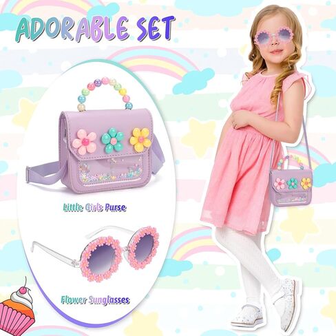 Girls Purse - Cute Kids Crossbody Bag with Beaded Handle & Glitter Windowm,Purple Flower Toddler Handbag Birthday Gifts for Age 3-8 in Saudi Arabia