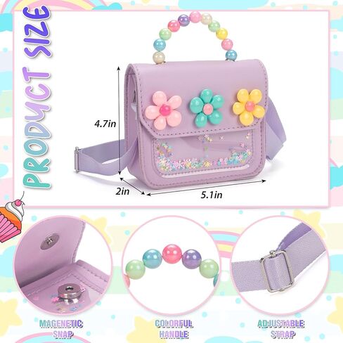 Girls Purse - Cute Kids Crossbody Bag with Beaded Handle & Glitter Windowm,Purple Flower Toddler Handbag Birthday Gifts for Age 3-8 in Saudi Arabia