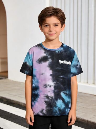 Boys Tie Dye Short Sleeve T-Shirt Cool Casual Summer Tee Soft Blend Top for Kids in Kuwait