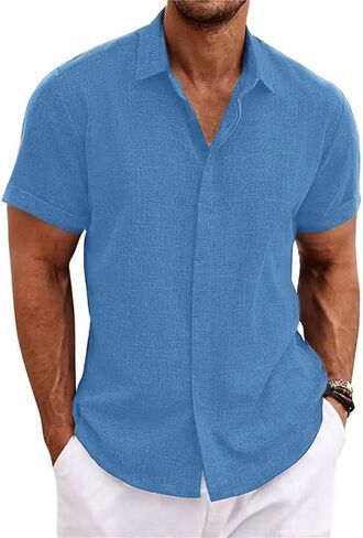 Mens Linen Shirts Short Sleeve Button Down Shirts Casual Summer Fashion Beach Vacation Clothing with Pocket in Kuwait