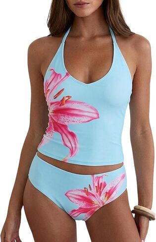 ZAFUL Women's Floral Tankini Swimsuits Halter Neck Tummy Control Polka Dot Tankini Set Two Piece Bathing Suit in Kuwait