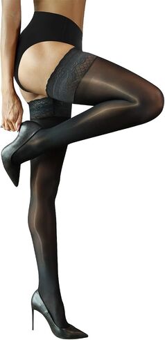 Thigh High Stockings, Women's Sheer Highs with Silicone Lace Top, Shiny Stay Up Silk Lingerie Stockings for Dating Black in Kuwait