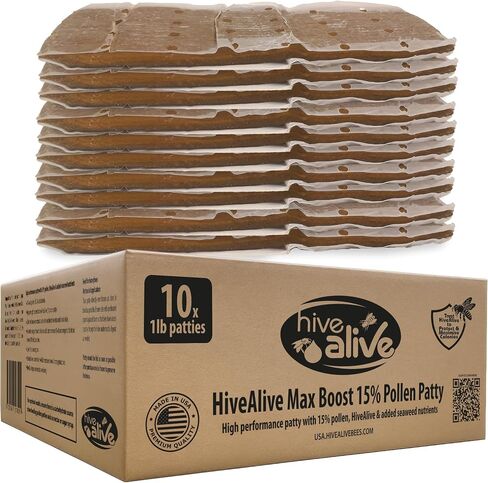 HIVE ALIVE Pollen Patty for Honey Bees – 10lb (10x1lb) Pollen Patties and Bee Food for Spring with 15% Real USA Pollen, Seaweed and Amino Acids to Support Brood and Colony Health in Kuwait