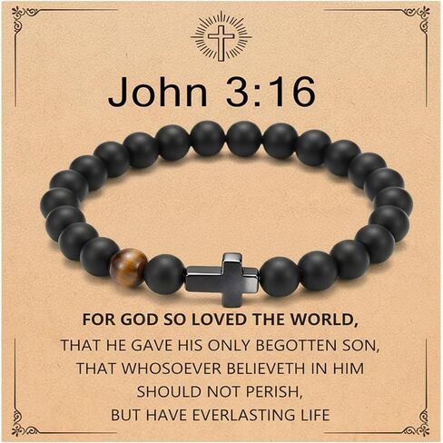 Men’s Cross Bracelet with Elastic Rope,Easter Basket Stuffers Gifts For Men,Natural Stone Beaded Bracelet with Stainless Steel Cross,Black Agate & Tiger Eye, Religious Fashion Jewelry for Men/teen in Kuwait