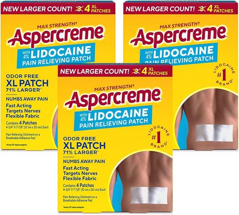 Aspercreme Lidocaine Pain Relief Patch XL for Back, Neck & Shoulder Pain, Topical Patches with Max-Strength 4% Lidocaine & Flexible Fabric Numbs Away Pain, 4 Ct., 3 Pack in Kuwait