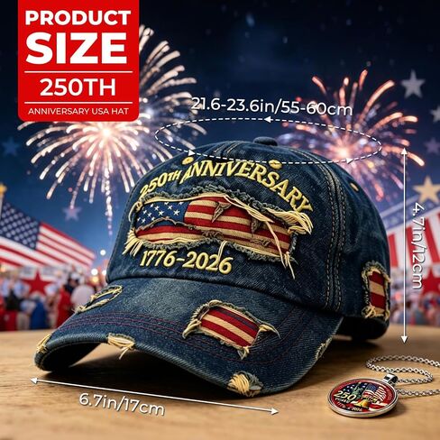 250th Anniversary USA Hat 1776-2026 Adjustable Patriotic Retro Embroidered Denim Baseball Cap for Men Women in Saudi Arabia