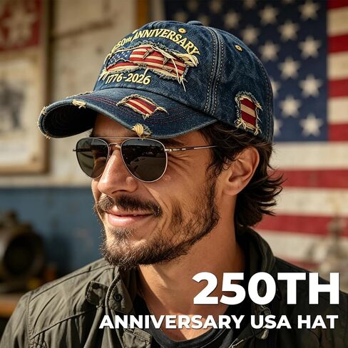 250th Anniversary USA Hat 1776-2026 Adjustable Patriotic Retro Embroidered Denim Baseball Cap for Men Women in Saudi Arabia