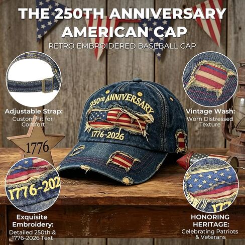 250th Anniversary USA Hat 1776-2026 Adjustable Patriotic Retro Embroidered Denim Baseball Cap for Men Women in Saudi Arabia
