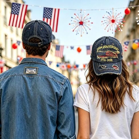 250th Anniversary USA Hat 1776-2026 Adjustable Patriotic Retro Embroidered Denim Baseball Cap for Men Women in Saudi Arabia