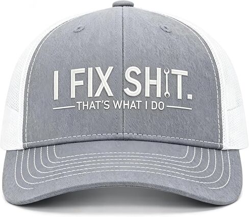 قبعة سائق الشاحنة المضحكة I Fix Shit، قبعة عمل شبكية قابلة للتنفس للرجال، هدية فكاهية للأب والعاملين في الصناعة وعشاق السيارات باللون الرمادي in Kuwait
