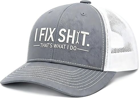 قبعة سائق الشاحنة المضحكة I Fix Shit، قبعة عمل شبكية قابلة للتنفس للرجال، هدية فكاهية للأب والعاملين في الصناعة وعشاق السيارات باللون الرمادي in Kuwait