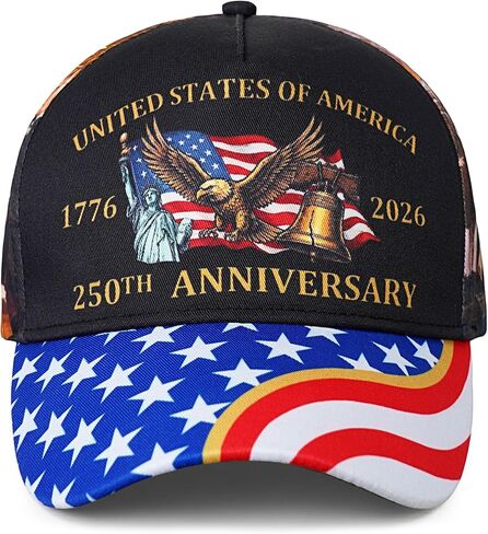 250th Anniversary USA Hat, Patriotic 1776-2026 American Anniversary Historical Events Printed Adjustable Baseball Cap in Kuwait