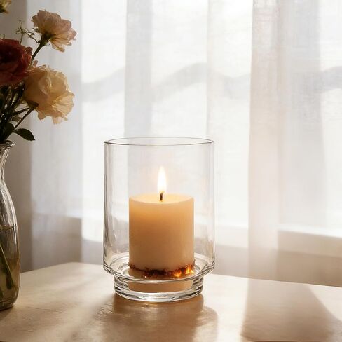 6" Wide Clear Glass Hurricane Candle Holder with Pedestal, Footed Decorative Vase for Pillar Candles, Cylinder Candleholder, Clear Glass Vase, for Mantels, Tabletops, Centerpieces, Entryways, Shelves in Saudi Arabia