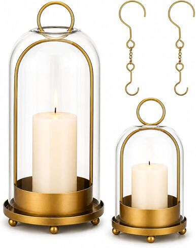 Glass Candle Lantern Brass Hurricane Candle Holders Set for Pillar Candles, Tabletop & Hanging Decor for Living Room, Dining Table, Patio & Events in Saudi Arabia