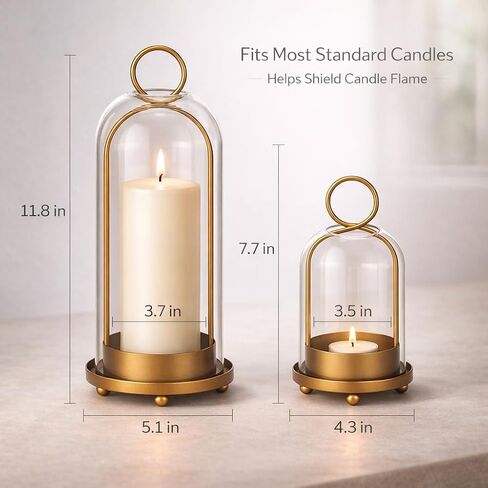 Glass Candle Lantern Brass Hurricane Candle Holders Set for Pillar Candles, Tabletop & Hanging Decor for Living Room, Dining Table, Patio & Events in Saudi Arabia