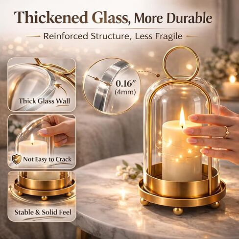 Glass Candle Lantern Brass Hurricane Candle Holders Set for Pillar Candles, Tabletop & Hanging Decor for Living Room, Dining Table, Patio & Events in Saudi Arabia