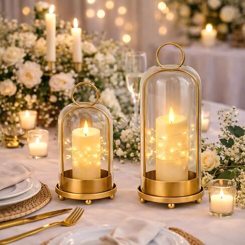 Glass Candle Lantern Brass Hurricane Candle Holders Set for Pillar Candles, Tabletop & Hanging Decor for Living Room, Dining Table, Patio & Events in Saudi Arabia