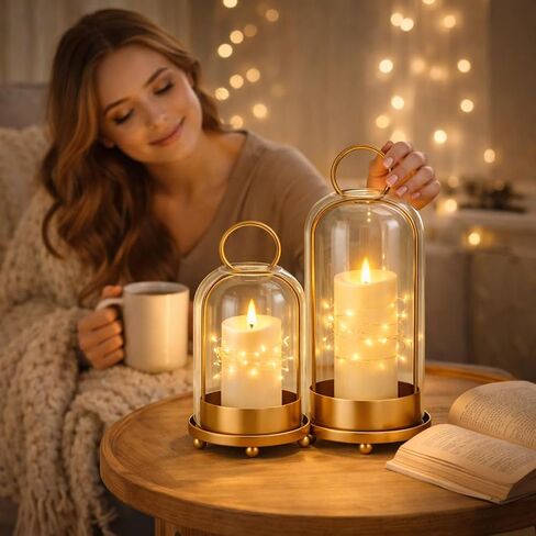 Glass Candle Lantern Brass Hurricane Candle Holders Set for Pillar Candles, Tabletop & Hanging Decor for Living Room, Dining Table, Patio & Events in Saudi Arabia