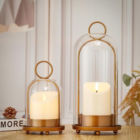 Hurricane Metal & Glass Candle Holder Set of 2 with Timer Candles, Decorative Candlestick Pillar Holder with Clear Glass for Wedding Party Holiday Dining Table Centerpiece Lanter, Gold in Saudi Arabia