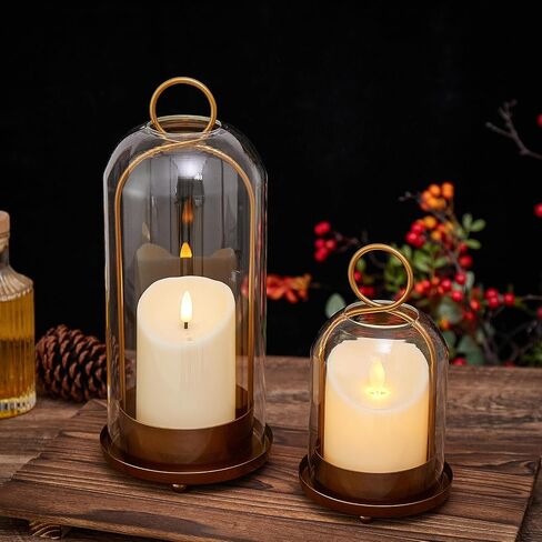 Hurricane Metal & Glass Candle Holder Set of 2 with Timer Candles, Decorative Candlestick Pillar Holder with Clear Glass for Wedding Party Holiday Dining Table Centerpiece Lanter, Gold in Saudi Arabia