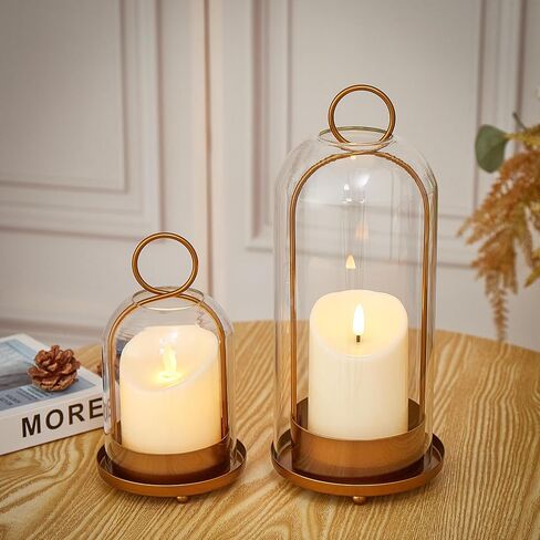 Hurricane Metal & Glass Candle Holder Set of 2 with Timer Candles, Decorative Candlestick Pillar Holder with Clear Glass for Wedding Party Holiday Dining Table Centerpiece Lanter, Gold in Saudi Arabia