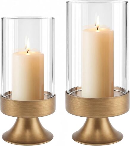Gold Hurricane Candle Holder with Glass Cylinder Decorative Metal Pedestal Candlestick Holders for Pillar Candles Elegant Centerpiece for Dining Table Wedding Fireplace Mantel Living Room Home Decor in Saudi Arabia