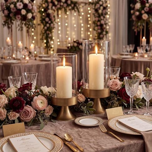 Gold Hurricane Candle Holder with Glass Cylinder Decorative Metal Pedestal Candlestick Holders for Pillar Candles Elegant Centerpiece for Dining Table Wedding Fireplace Mantel Living Room Home Decor in Saudi Arabia