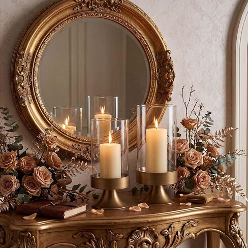 Gold Hurricane Candle Holder with Glass Cylinder Decorative Metal Pedestal Candlestick Holders for Pillar Candles Elegant Centerpiece for Dining Table Wedding Fireplace Mantel Living Room Home Decor in Saudi Arabia