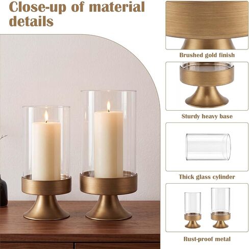 Gold Hurricane Candle Holder with Glass Cylinder Decorative Metal Pedestal Candlestick Holders for Pillar Candles Elegant Centerpiece for Dining Table Wedding Fireplace Mantel Living Room Home Decor in Saudi Arabia
