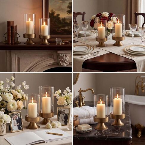 Gold Hurricane Candle Holder with Glass Cylinder Decorative Metal Pedestal Candlestick Holders for Pillar Candles Elegant Centerpiece for Dining Table Wedding Fireplace Mantel Living Room Home Decor in Saudi Arabia