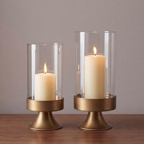 Gold Hurricane Candle Holder with Glass Cylinder Decorative Metal Pedestal Candlestick Holders for Pillar Candles Elegant Centerpiece for Dining Table Wedding Fireplace Mantel Living Room Home Decor in Saudi Arabia
